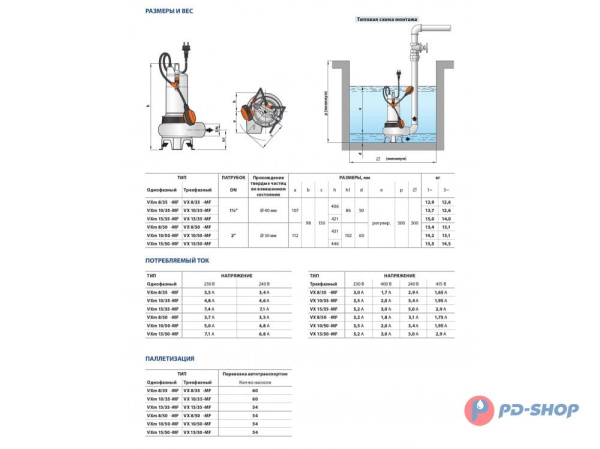 Насос фекальный Pedrollo VX10/50-MF кабель 10м